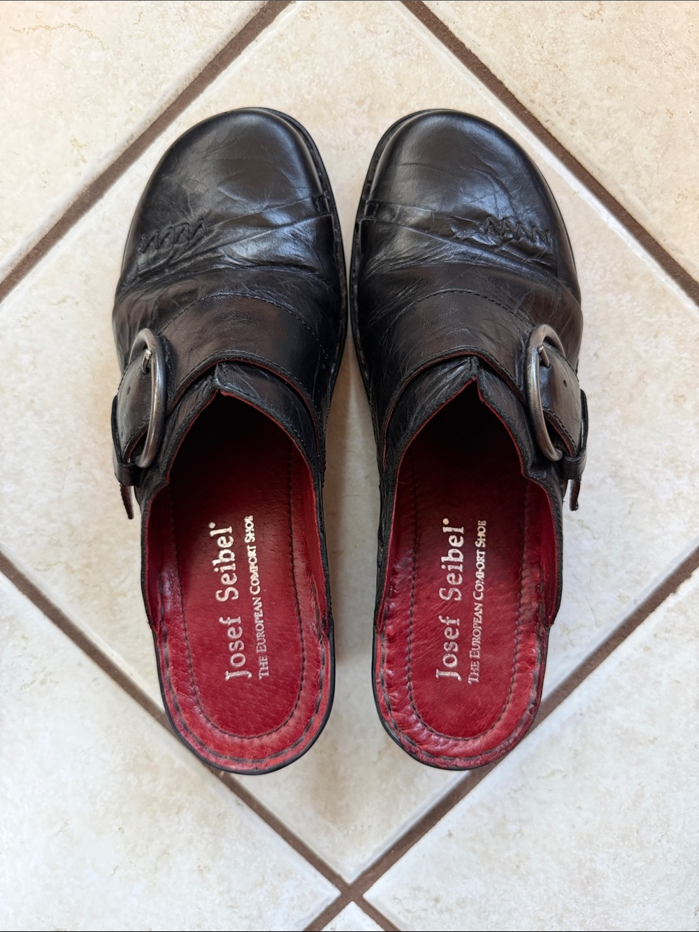 Josef Seibel Black Leather Slip-On Mules with Buckle